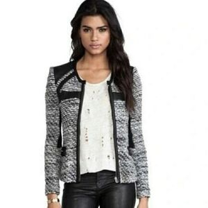 IRO Paris Lizzy Black Leather & Gray Tweed Boucle Knit Sweater / Jacket